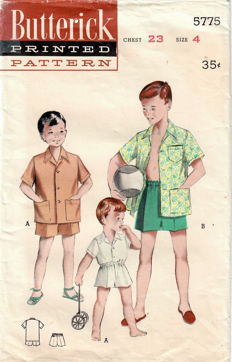 1950s Butterick 5775 UNCUT Vintage Sewing Pattern Boys Sports Shirt, Shorts, Boxer Shorts Size 2, Size 4, Size 12 image 3