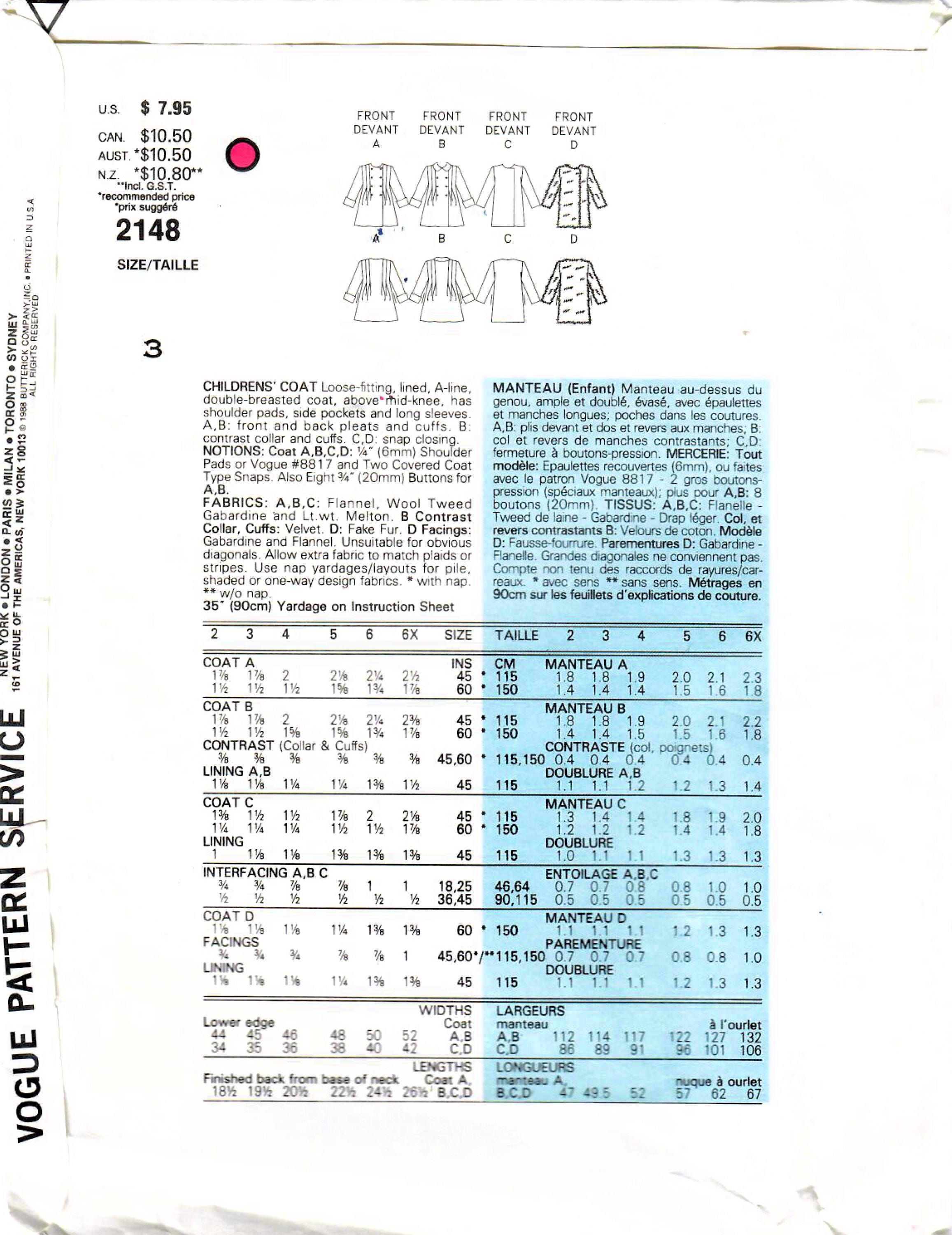 1980s Double Breasted A-line Coat Sewing Pattern: Vogue 2148 Girls Size ...