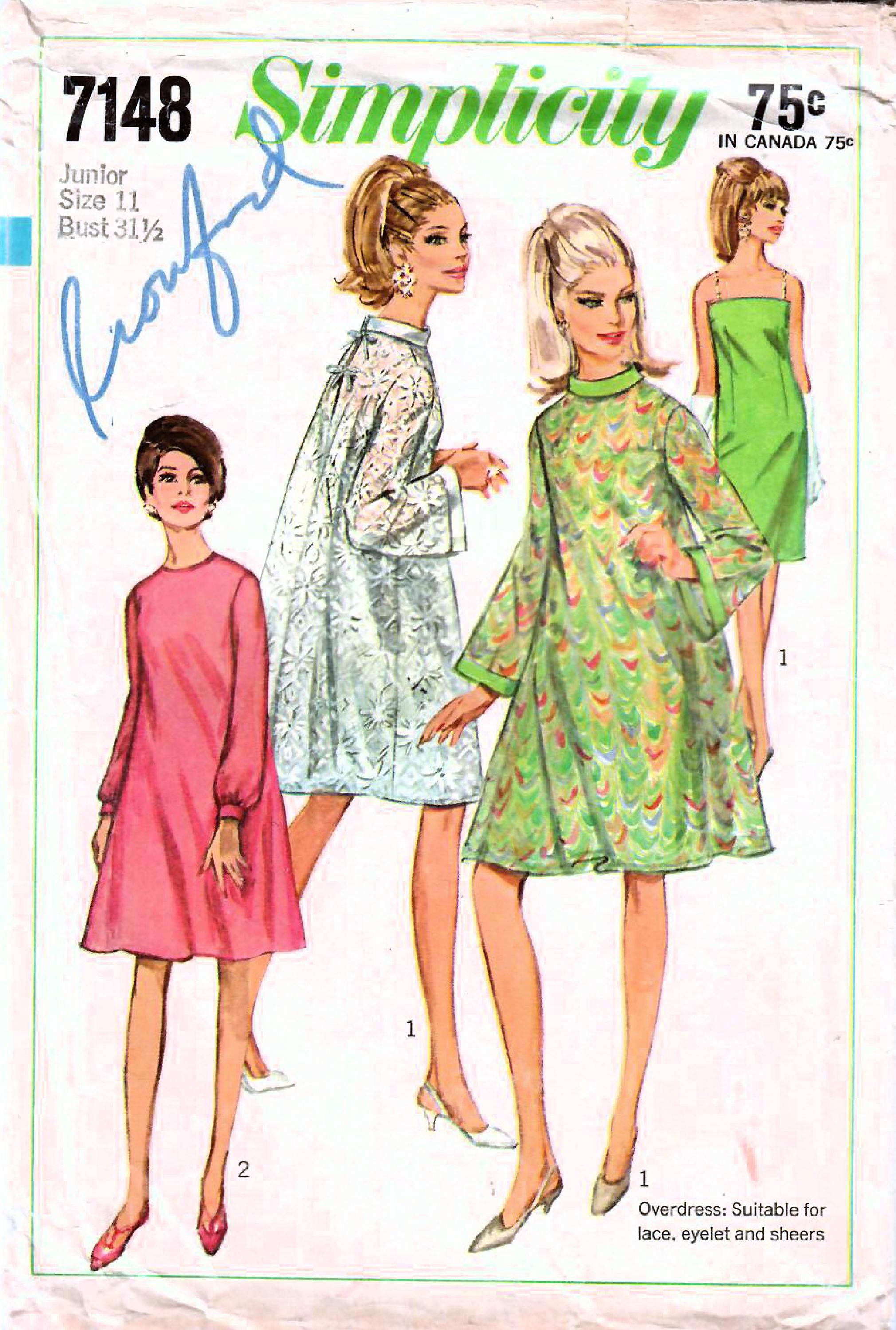 1960s Simplicity 7148 Vintage Sewing Pattern Slim Slip Dress