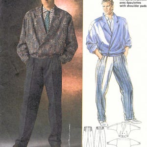 May include: A sewing pattern envelope featuring a photograph of a person wearing a dark patterned jacket, a collared shirt, a tie, and dark trousers, alongside a fashion illustration of a blue jacket with shoulder pads and striped trousers.