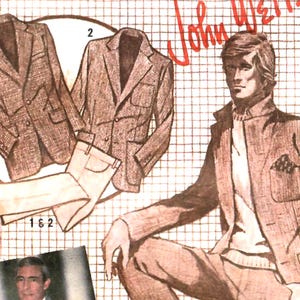 Puede incluir: Ilustración vintage de un hombre con blazer y pantalón marrón. Se muestran dos diseños de blazer y un pantalón arriba. El texto "John Weitz" está en escritura roja. La imagen tiene un estilo retro.