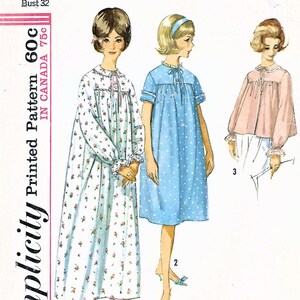 May include: Vintage Simplicity sewing pattern 5193. The pattern features illustrations of three different nightgown designs. The main image shows a long white nightgown with a floral print, a blue polka dot nightgown, and a pink top.