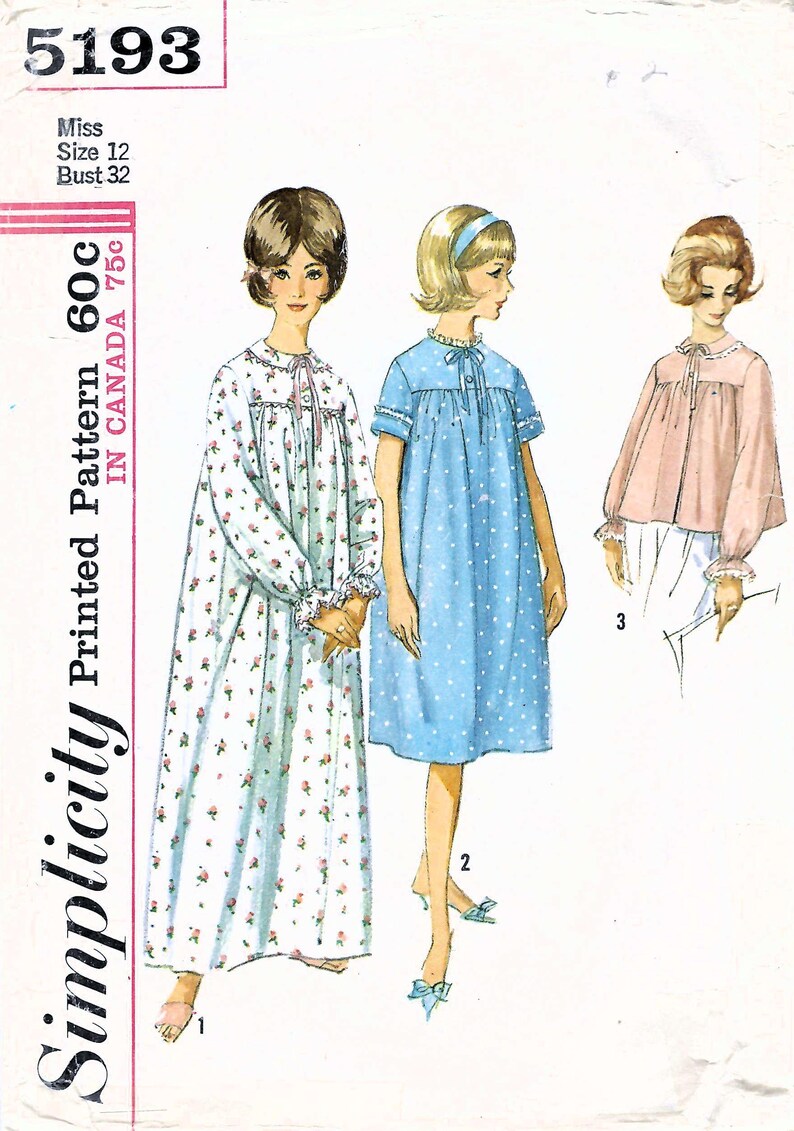 May include: Vintage Simplicity sewing pattern 5193. The pattern features illustrations of three different nightgown designs. The main image shows a long white nightgown with a floral print, a blue polka dot nightgown, and a pink top.