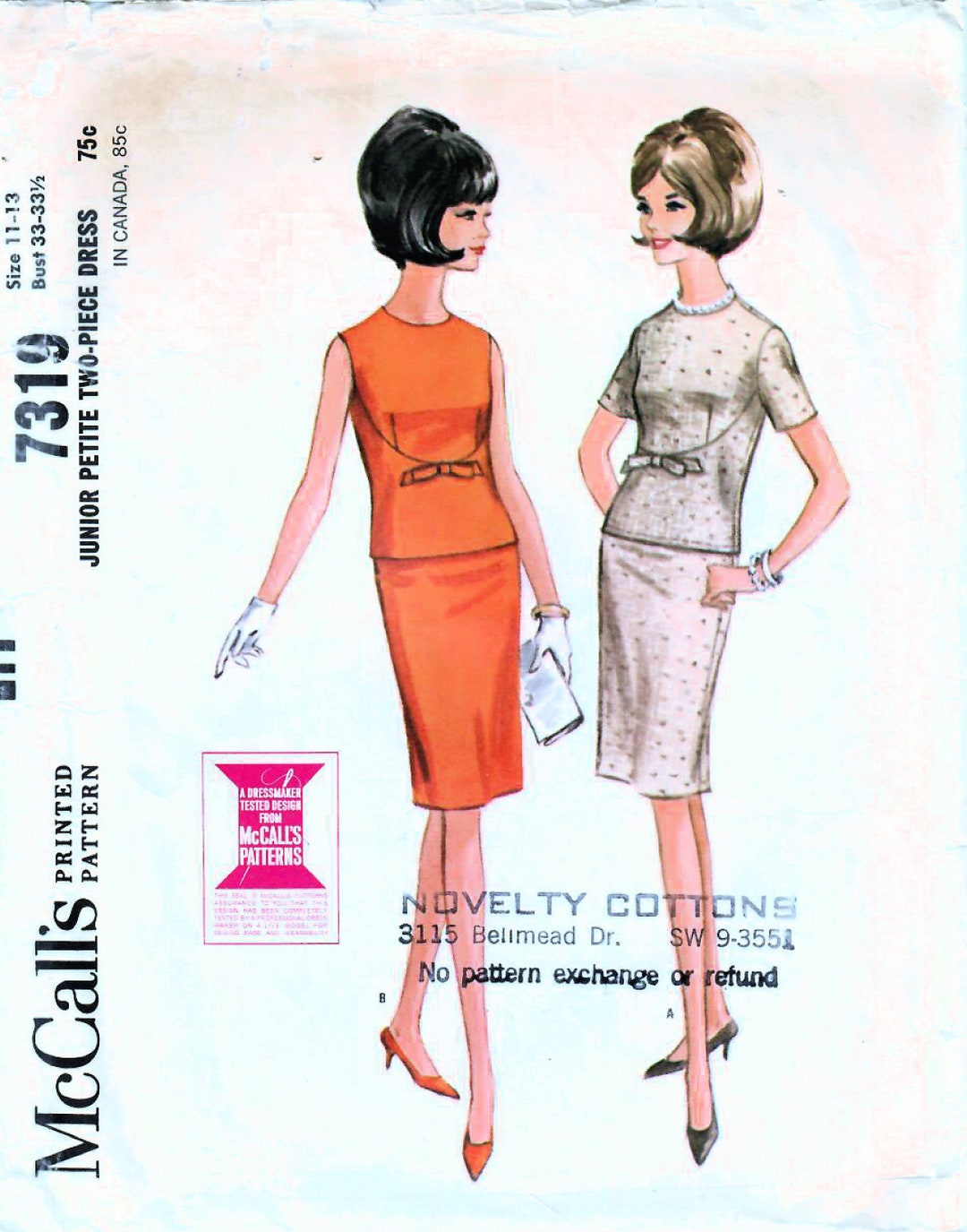 1960s Mccall's 7319 Vintage Sewing Pattern Slim Two-piece Dress, Fitted ...