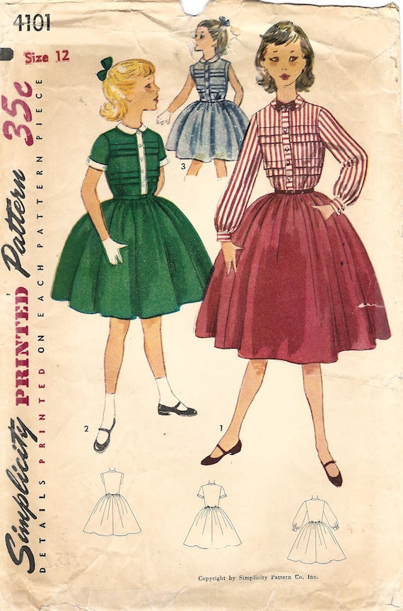 1950s Simplicity 4101 Vintage Sewing Pattern Girls Full Skirt Dress,  Shirtwaist Dress Size 12