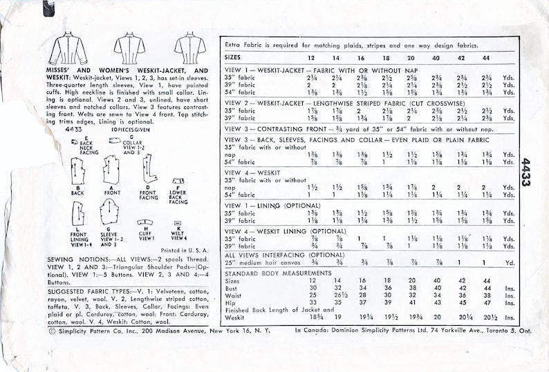 1950s Vest and Jacket Sewing Pattern: Simplicity 4433 Misses Size 14 ...