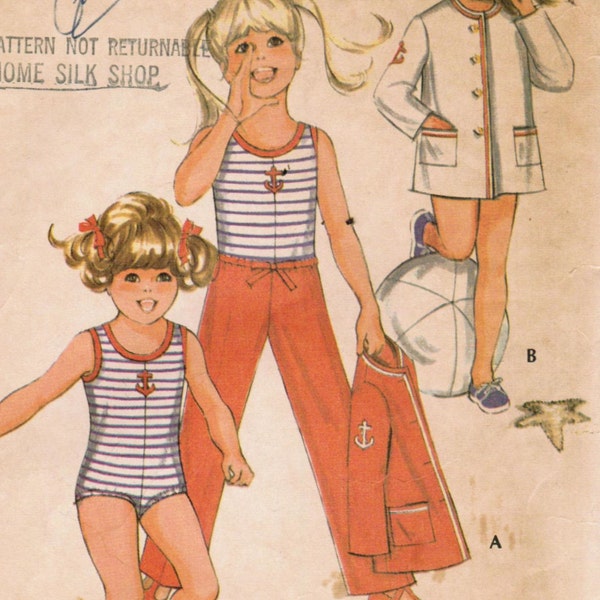 1970s McCall's 2374 Vintage Sewing Pattern Girls Bathing Suit, Pants, and Beach Cover-Up, Beach Coat Size 6