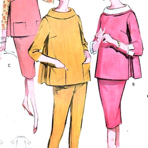 May include: Illustration of three vintage women's outfits. One is a pink dress with a white collar, another is a yellow top and pants set, and the third is a pink dress with a floral patterned sleeve.