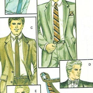 Puede incluir: Una ilustración de patrón de costura que muestra varias opciones de vestimenta formal, incluyendo un traje verde claro con corbata a rayas etiquetado A, un blazer marrón texturizado con corbata lisa etiquetado C y dos pajaritas etiquetadas D y E.