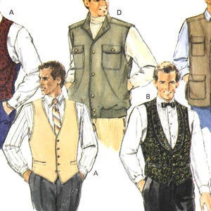 Può includere: Illustrazione di vari gilet. Un gilet è verde oliva con due tasche, un altro è beige con una camicia a righe e un terzo è nero con un motivo floreale dorato. I gilet sono indossati sopra camicie con colletto.