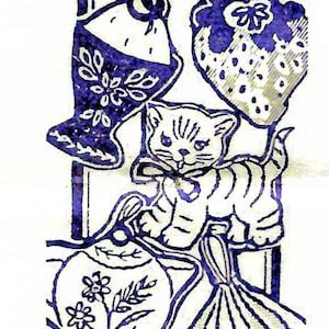 May include: A whimsical illustration in blue and white features various objects, including a cat, a strawberry, and a vase with flowers. The design has a vintage, hand-drawn aesthetic, with a playful and decorative style.