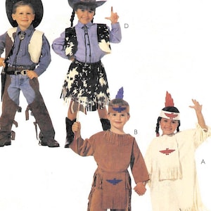 May include: A sewing pattern illustration featuring four costumes: a cowboy outfit with chaps and vest, a cowgirl outfit with a fringed skirt and vest, and two outfits with fringed tunics and headbands marked with letters D, B, and A.