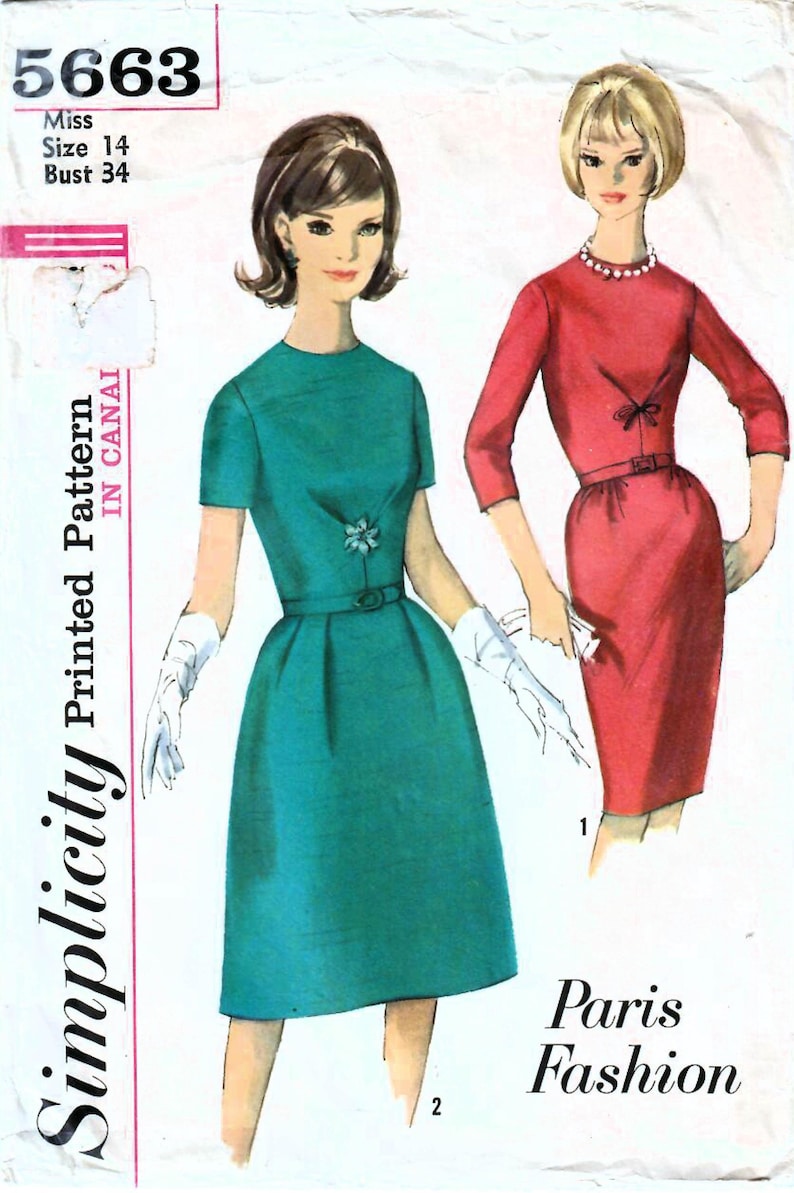 1960s Simplicity 5663 Vintage Sewing Pattern Misses One Piece Dress