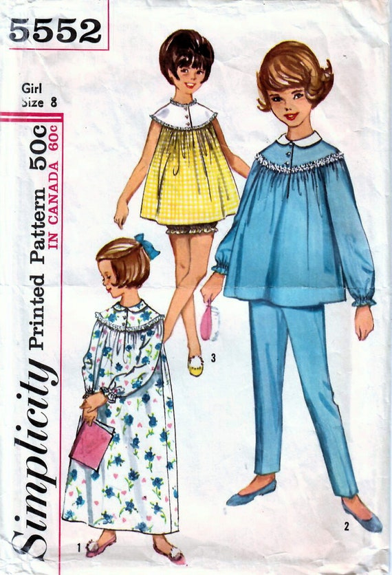 1960s Simplicity 5552 Vintage Sewing Pattern Girls Long Pajamas Long Nightgown Shortie Pajamas Size 4 Size 6 Size 8 Etsy Canada