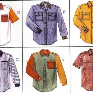 May include: A collection of six button-down shirts labeled A, B, C, E, F, and G. The shirts feature various designs including solid yellow, blue with patterned collars, vertical stripes, color-blocked patterns, and a red and white grid pattern.