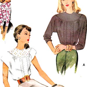 May include: Vintage fashion illustration featuring three women in stylish blouses. One woman wears a white blouse with a decorative collar and a brown belt. Another is in a dark gray blouse with green pants. The third woman is in a pink and white patterned blouse.