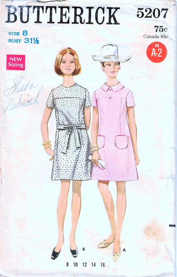 1960s Butterick 5207 Vintage Sewing Pattern Misses A-line Dress,  Semi-fitted Dress, Boutique Dress Size 8 Bust 31-1/2