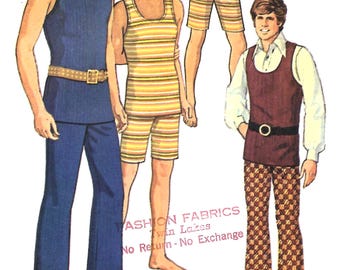 1970s Tank Top, Shorts, Bell Bottom Pants Sewing Pattern: Simplicity 9385 Men Size 42