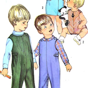 May include: A vintage-style illustration of children's clothing patterns featuring two long-legged overalls in dark green and blue, and two short rompers in light blue and red-and-white stripes, all with button-tab side closures and collars.