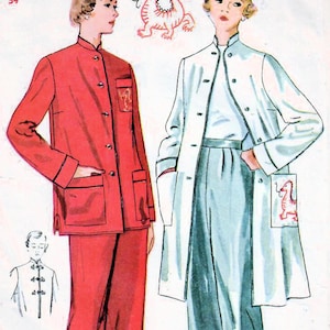 May include: A vintage sewing pattern illustration featuring two women wearing matching red and white outfits with a dragon design. The pattern number is 16 34.