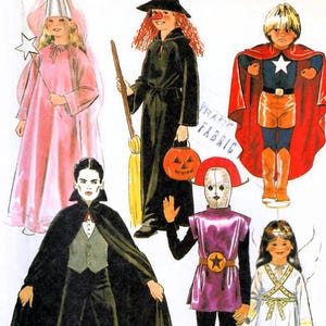 May include: A vintage Halloween costume pattern featuring various children's costumes. The costumes include a fairy, witch, superhero, vampire, mummy, and angel. The costumes are in various colors, including pink, black, red, orange, purple, and white.