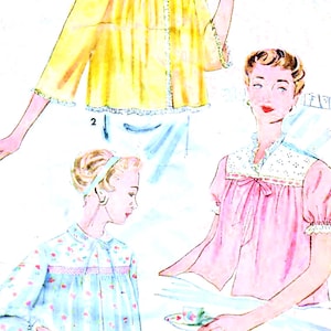 May include: Vintage illustration of three styles of women's sleepwear. The designs include a yellow button-up top with lace trim, a pink nightgown with a bow, and a blue floral pajama set.