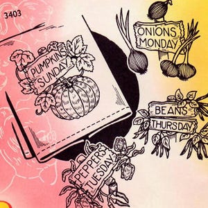 1970s Aunt Martha&#39;s 3403 UNUSED Vintage Hot Iron Transfer Pattern Hand Embroidery Vegetable Tea Towels Days of Week