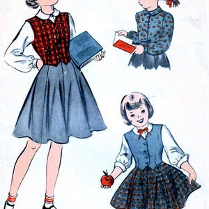 1950s Advance 5577 Vintage Sewing Pattern Blouse, Full Flared Skirt, Fitted Vest Girls Size 10