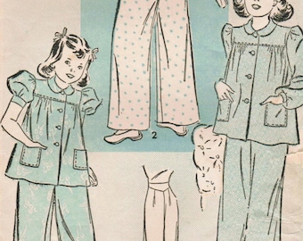 1940s Advance 2458 Vintage Sewing Pattern Girls' Pajamas Size 10