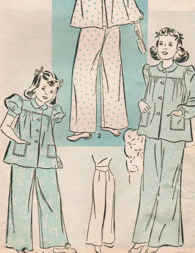 1940s Advance 2458 Vintage Sewing Pattern Girls' Pajamas Size 10 image 1