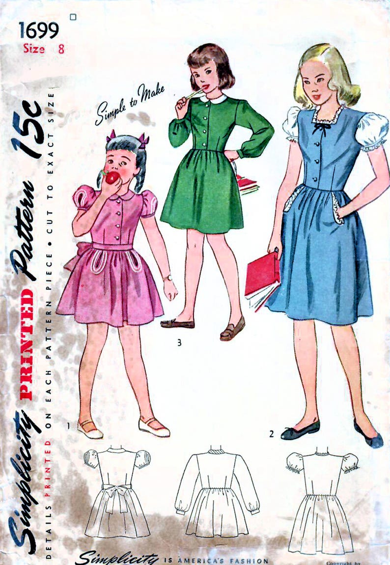 Simplicity 1699 1940s Simplicity 1699 Vintage Sewing Pattern Girls Shirtwaist Dress ...