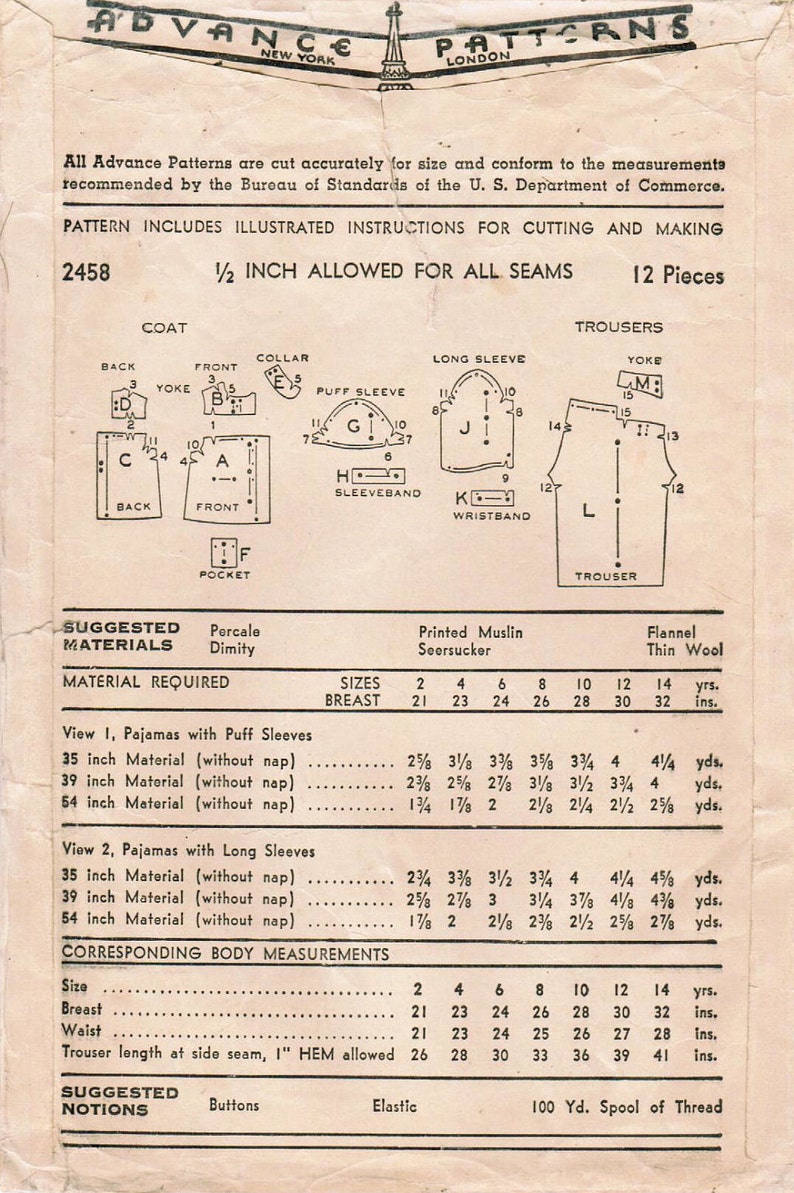 1940s Advance 2458 Vintage Sewing Pattern Girls' Pajamas Size 10 image 3