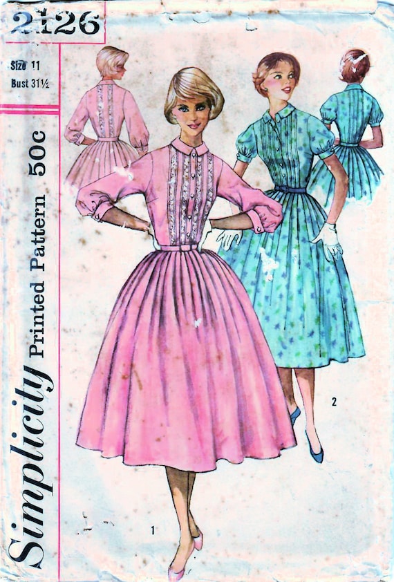 Patrón de costura vintage sin cortar Simplicity 2126 de los años 1950,  vestido de falda larga, vestido camisero, talla juvenil 11, busto 31,5