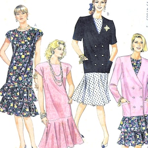 May include: Illustration of four dresses. One is navy with a floral pattern and a ruffled hem. Another is a solid pink dress with a ruffled hem. The third is a black blazer over a white polka dot skirt. The last is a pink blazer over a floral dress.
