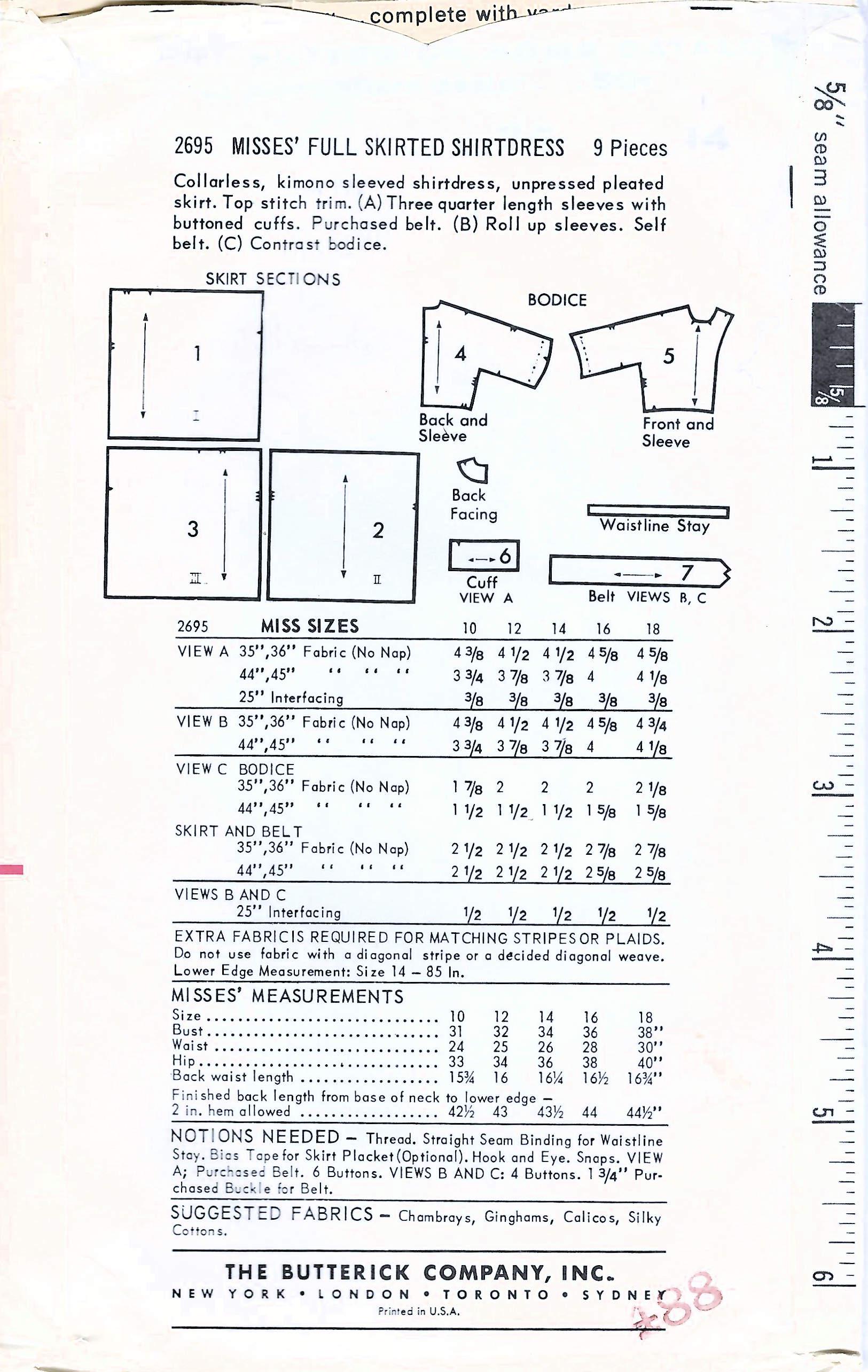 Strathmore Pattern 2695 1960s Full Skirt Shirtwaist Dress Sewing Pattern: Butterick 2695 Misses ...