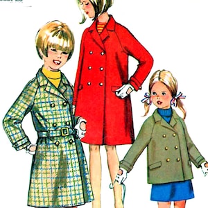 May include: Illustration of three people wearing coats. The woman in the center wears a red double-breasted coat. A child wears a green and blue plaid coat with a belt. Another child wears a green coat and blue skirt.