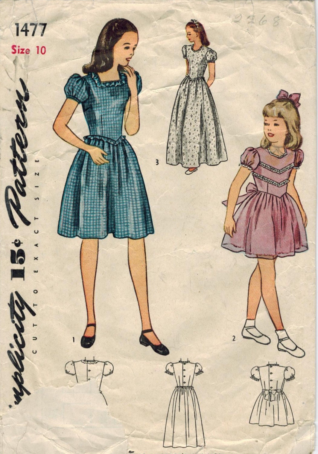 1940s Simplicity 1477 Vintage Sewing Pattern Girls Party Dress Formal Dress  Size 10 