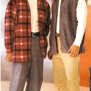May include: A red and black plaid zip-up jacket with a white turtleneck and gray trousers, alongside a gray zip-up vest with a white turtleneck and tan trousers. The garments are labeled with the letters B and C respectively.