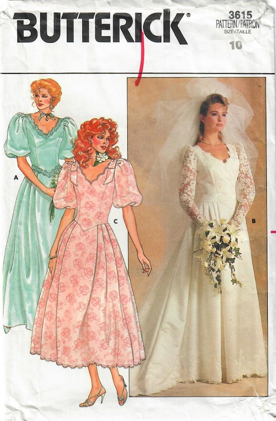 1980s Butterick 3615 Vintage Sewing Pattern Misses Bridal Dress, Wedding Gown, Bridesmaid Dress Size 10 Bust 32-1/2