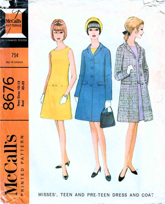 jaren 1960 McCall's 8676 Vintage naaipatroon A-lijn jurk, prinses jas  tiener maat 10-12 buste 30-32
