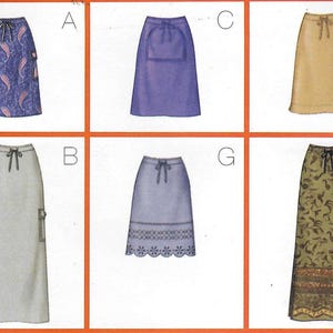 May include: A collection of six skirt illustrations labeled A, B, C, E, G, and H. The designs include various lengths, drawstring waistbands, cargo pockets, solid colors, paisley prints, floral patterns, and decorative eyelet hem details.