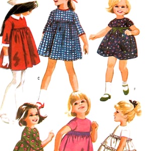 Puede incluir: Ilustración de seis niñas con vestidos. Los vestidos son de varios colores y estampados, incluyendo rojo, cuadros azules y estampados florales. Las niñas sonríen y parecen estar en una pose juguetona. La imagen tiene un estilo vintage y retro.