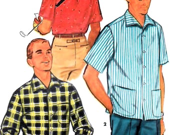 1950s Casual Sport Shirt Sewing Pattern: Simplicity 1407, Men Size Small, Size Medium