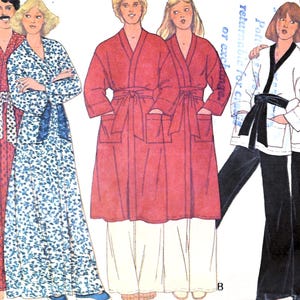 May include: Illustration of three different outfits. A red robe with white polka dots, a blue floral robe, and a red robe. The outfits are paired with white trousers. A white karate uniform with a black belt and black trousers is also shown.