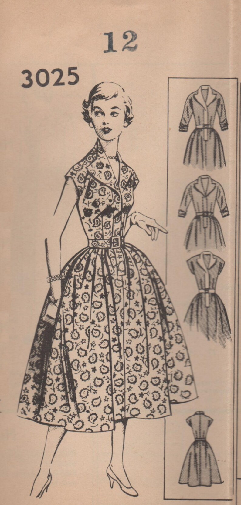 1950s Mail Order 3025 Vintage Sewing Pattern Misses Shirtwaist Dress, Full Skirt Dress Size 12 Bust 30 image 1