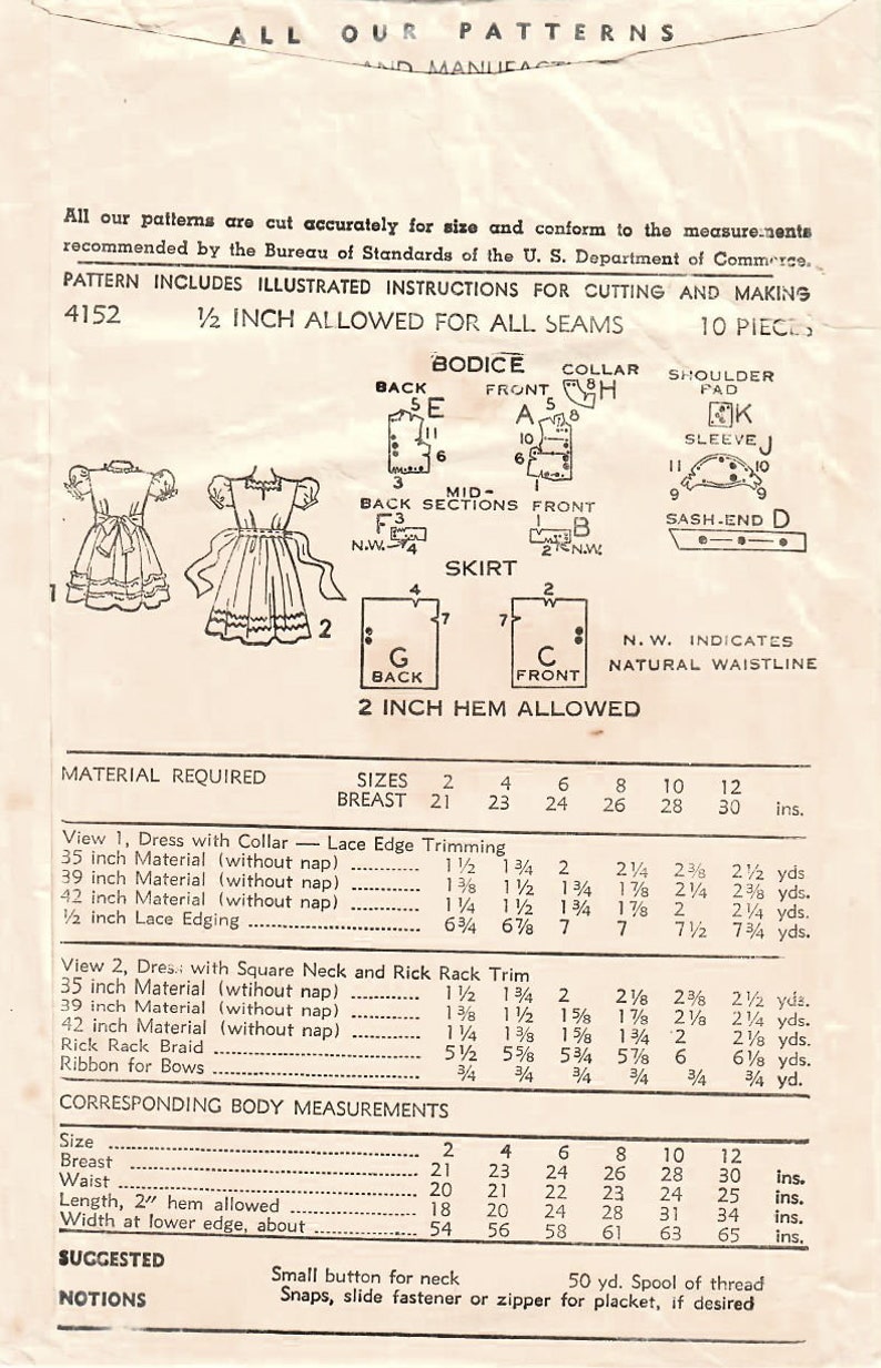 Full Skirt Dress 1940s Advance 4152 Vintage Sewing Pattern Girls Party Dress One Piece Dress Size 6