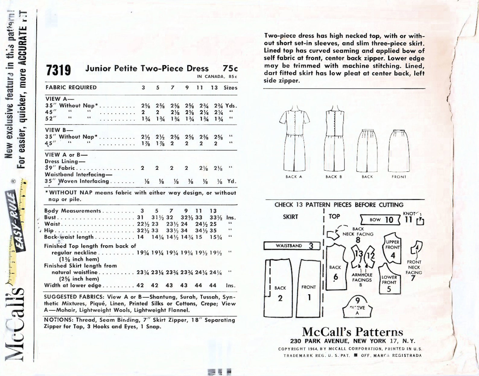 1960s Mccall's 7319 Vintage Sewing Pattern Slim Two-piece Dress, Fitted ...