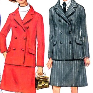 May include: Illustration of two vintage skirt suits. One is a bright red double-breasted suit with a matching skirt. The other is a gray pinstripe double-breasted suit with a matching skirt. Both suits have a classic, tailored look.