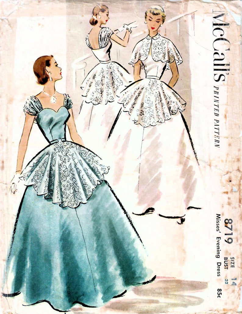 1950s McCall/'s 8719 Vintage Sewing Pattern Misses Evening Dress Formal Gown Size 14 Bust 32
