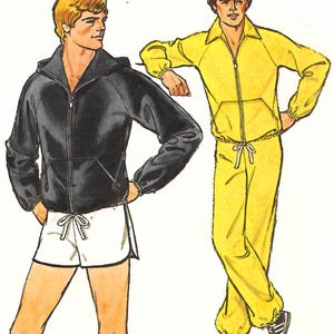 以下が含まれることがあります： 2つのスポーツウェアのイラスト。一人は黒いフード付きジャケットと白いショートパンツを着用。もう一人は黄色のトラックスーツを着ています。どちらの衣装もジッパーとドローストリングウエストが付いています。